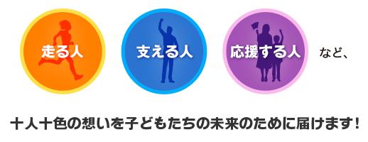 走る人、支える人、応援する人など、十人十色の想いを子供たちの未来のために届けます!